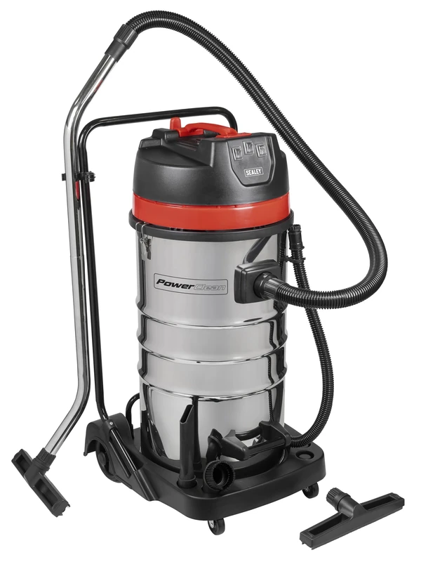 Sealey Wet & Dry Vacuum Cleaner, 100L, 3000W, 19kPa, Stainless Steel Drum, Castors, Drain Hose, Accessories – PC4100