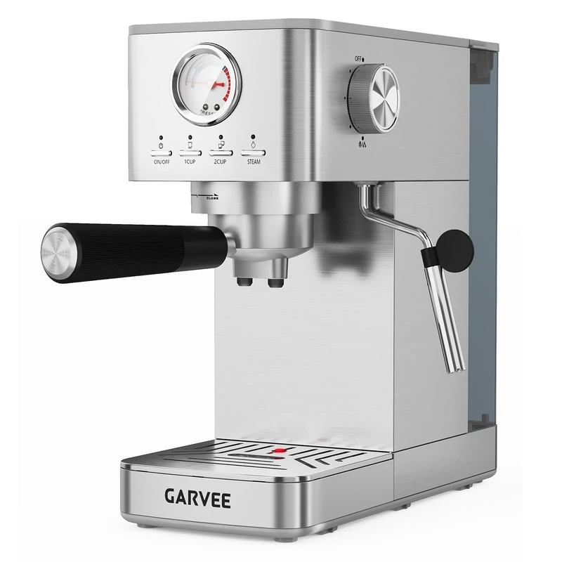GarveeLife Semi-Automatic Coffee Maker 20 Bars – Milk Steamer and Pressure Gauge for Cappuccino – Stainless Steel Wood Finish - Image 1