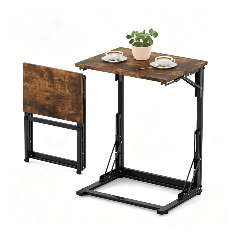 JADUFHU C-Shaped Side Table,Laptop Table, Bedside Table, Foldable Sofa Side Table,Sturdy Steel Frame Base Support,Easy to Assemble,Suitable for Living Room,Bedroom,Bathroom,Balcony (Rustic Brown)