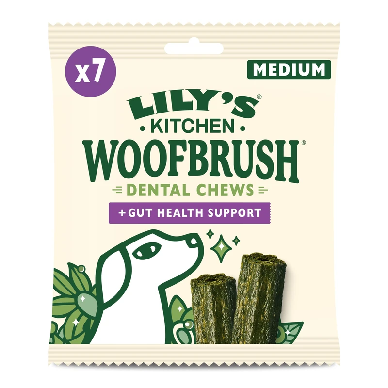 Lily’s Kitchen Woofbrush Gut Health Support Medium Dental Dog Chew, Adult Dog 6xPacks(196g), Grain-free Recipe, With Natural Ingredients, for Medium Dogs