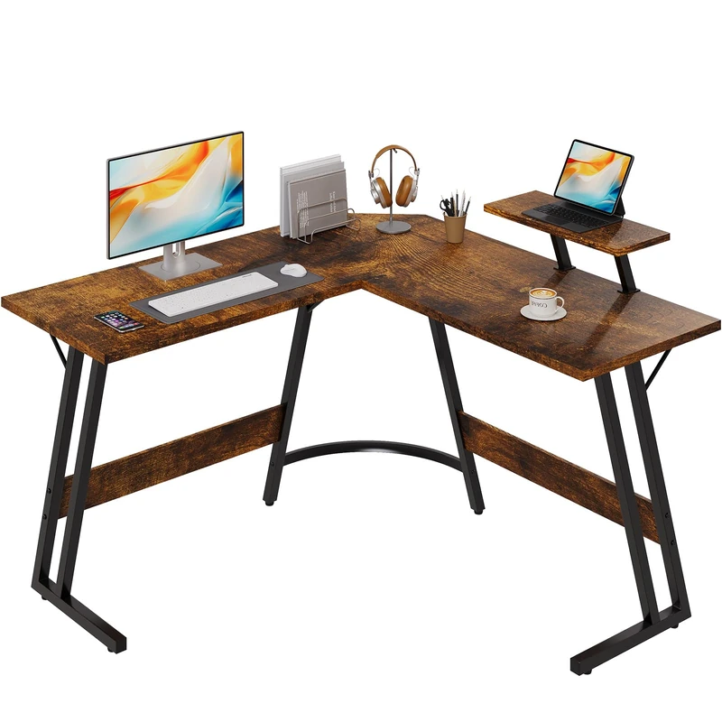 JUMMICO L Shaped Gaming Desk with Large Monitor Stand 120x120x75cm,Corner Desk for Home Office Study Writing Workstation, Wood Grain Rustic Brown - Image 1