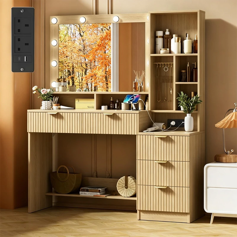 TRIUMPHKEY Dressing Table with Mirror and Lights,Vanity Desk with Drawers