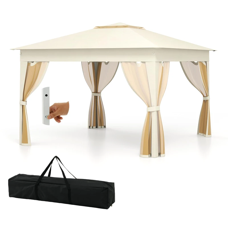 SPOTRAVEL 3.3 x 3.3M Pop Up Gazebo, Height Adjustable Patio Gazebo (Beige)