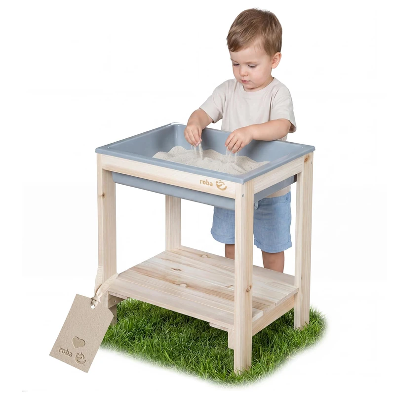 roba Outdoor + “Tiny” Play Table with Play Tub - Weather-Resistant Sand & Mud Table Made of Solid Wood - Garden Furniture for Children - from 18 Months - Natural Untreated