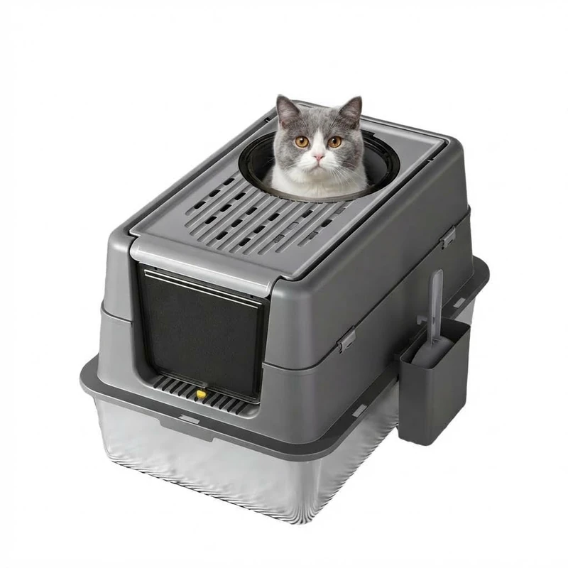 Garvee XL Stainless Steel Cat Litter Tray – 180° Flip Lid – Anti-Odour – Non-Slip Bottom – Easy to Clean, Scoop Included – Light Black, 60 x 40 x 43.5 cm, Light Black
