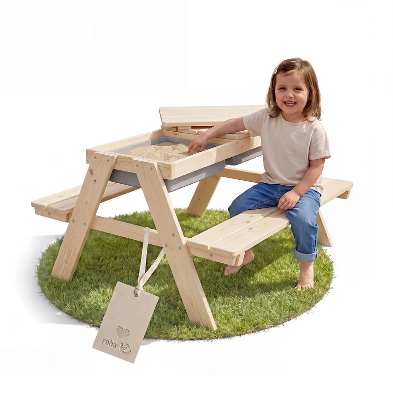 roba Children’s Seating Set “Play for 4” Outdoor+ with Play Tubs, Solid Wood Seating Set & Mud Table - Natural Untreated