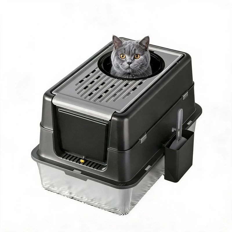 Garvee XL Cat Litter Tray in Stainless Steel – Flip Lid 180° – Non-Stick, High Edge, Odour Control – Easy to Clean, Scoop Included – Deep Black, 60 x 40 x 43.5 cm, Deep Black - Image 1