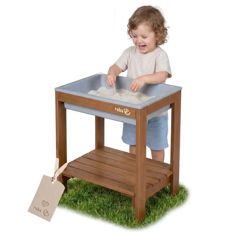 roba Outdoor + “Tiny” Play Table with Play Tub - Weather-Resistant Sand & Mud Table Made of Solid Wood - Garden Furniture for Children - from 18 Months - Brown/Teak