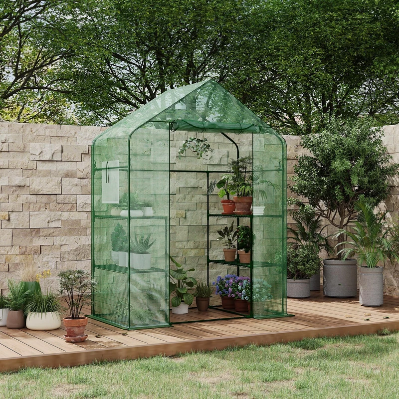 Garvee Walk-in Garden Greenhouse, 143 x 73 x 195 cm, Greenhouse for Plants with 140G Waterproof PE Cover and Steel Frame, 4 Removable Shelves, 1 Door and 2 Windows, Green - Image 1