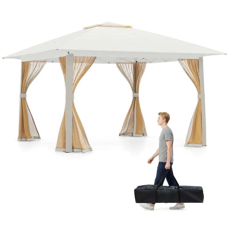 SPOTRAVEL 3.9 x 3.9M Pop Up Gazebo, Height Adjustable Patio Gazebo (Beige)
