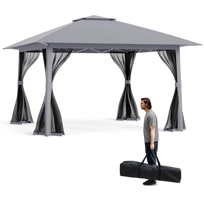 SPOTRAVEL 3.9 x 3.9M Pop Up Gazebo, Height Adjustable Patio Gazebo (Grey)