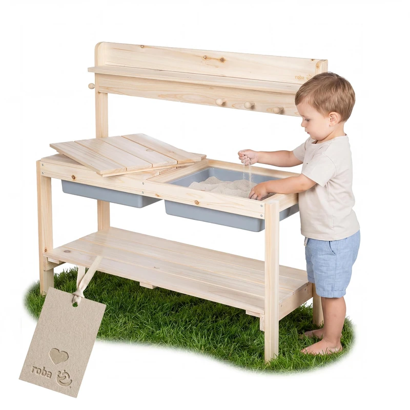 roba Children’s Outdoor+ Garden Kitchen “Fun” Natural, Wood, Mud Kitchen with Removable Cover - Natural Untreated