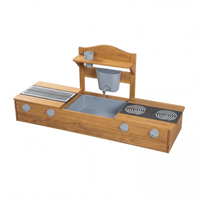roba 2in1 Balcony Sandbox & Mud Kitchen for Kids - FSC® Certified - Includes Accessories - Compact Play Kitchen for Balcony & Garden - Brown/Teak
