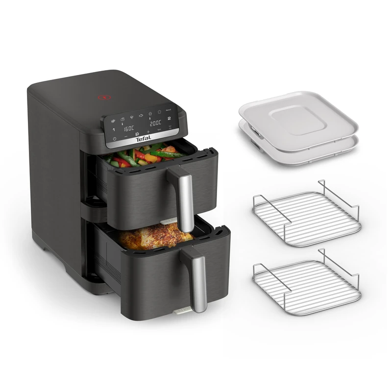Tefal Ingenio Double Stack Air Fryer, Space Saving Vertical Dual Drawer Air Fryer, 4 Cooking Levels, Ingenio Detachable Panels for Easy Cleaning, 10L Capacity, 7 Cooking Modes, EY756HG0 - Image 1