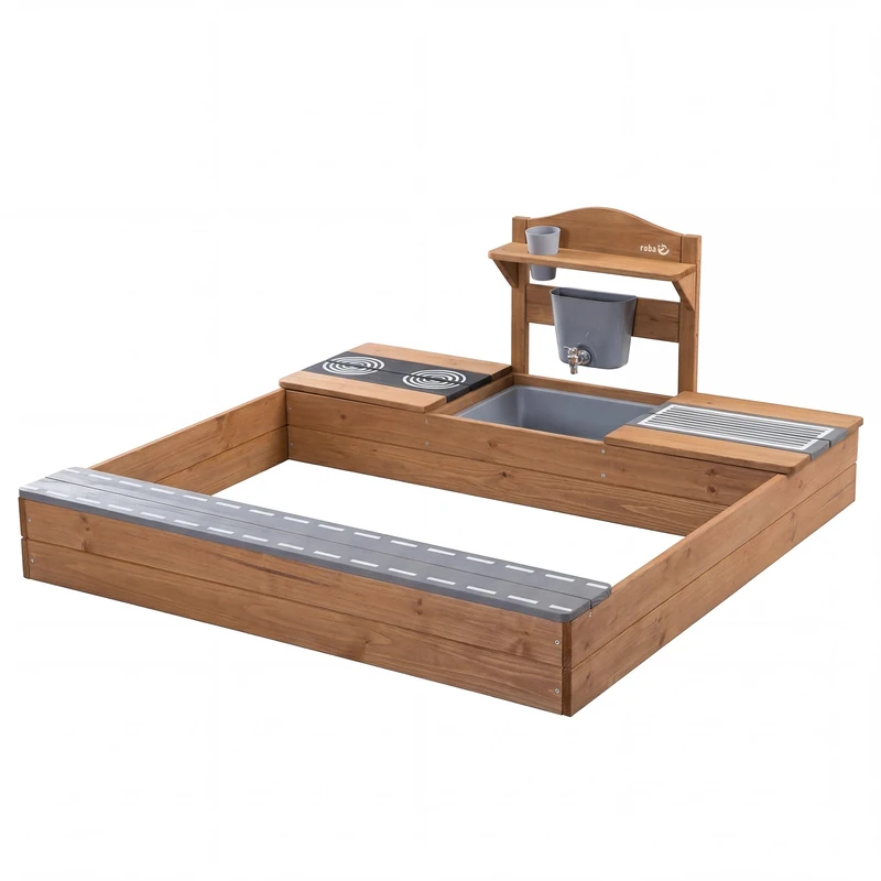 roba Wooden Sandbox with Integrated Mud & Toy Kitchen - FSC®-Certified Solid Wood - Sandpit for Children from 12 Months - Brown/Teak