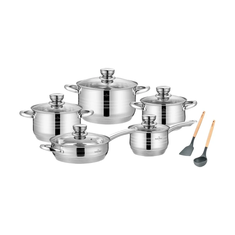 Swiss Haus - 12-piece Stainless Steel cookware Set - Montreux Collection - Suitable for All Types of cookers - Pot, Casserole and pan - Glass lids - Composite Base - Image 1