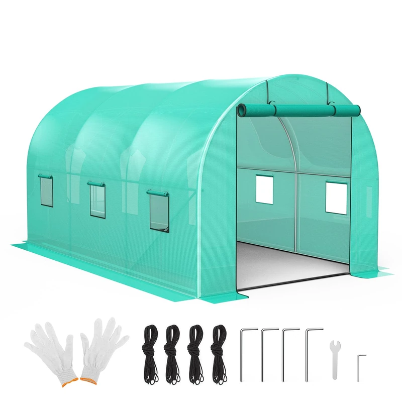 Garvee Tunnel Greenhouse for Outdoors, Galvanised Steel Frame, 244 x 396 x 213 cm, 6 Windows with Mosquito Net, Green PE Cover, for Garden, Plants, Winter, Botanical Garden