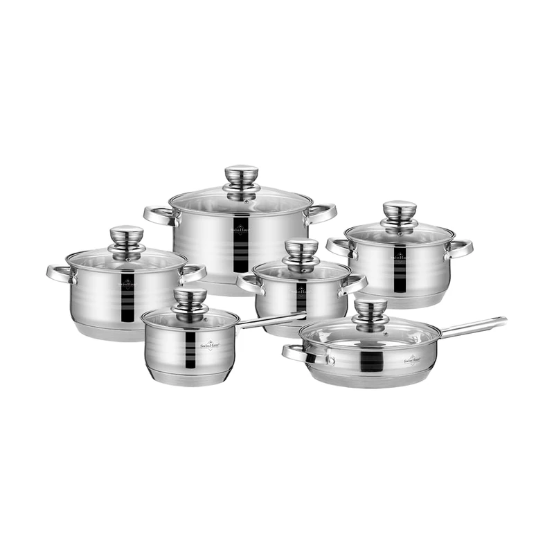 Swiss Haus - Montreux Collection 12-Piece Cookware Set - Stainless Steel Body 201 Base 430 - Suitable for All Heat Sources Including Induction - Sauté Pot Ø16 to Ø24 cm Glass Lids - SH-MC2012