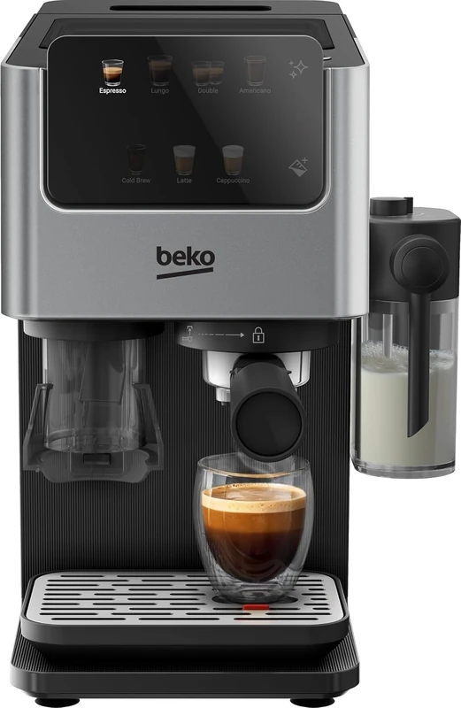 Beko CaffeExperto CED7524X Semi-Automatic Espresso Coffee Machine with Integrated Grinder | AutoTamping | Milk Jug | 7 One-Touch Drinks | Cold Brew | 20 Bar Pressure | Capsule & E.S.E Pod Compatible |