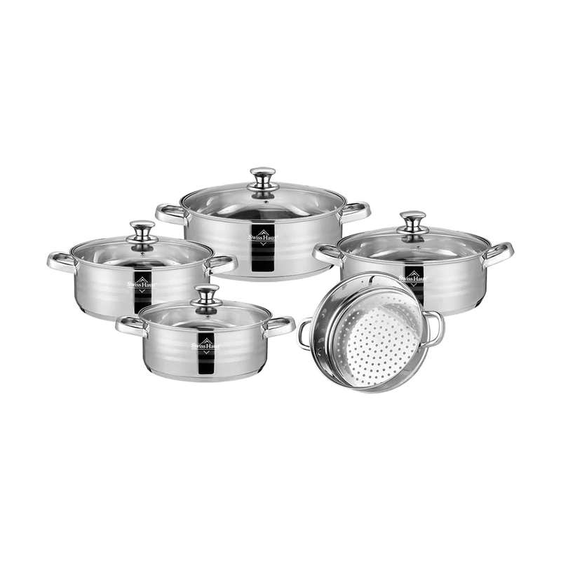 Swiss Haus - Set of 9-Piece Montreux Collection Saucepans - Stainless Steel Body 201 Base 430 - All Heat Sources Including Induction - Diameter 24 to Ø30 cm Lids Glass Steamer Basket Ø28 cm - Image 1
