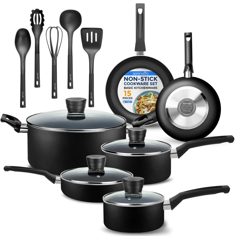 15-Piece Nonstick Kitchen Cookware Set - PTFE/PFOA/PFOS Free Heat Resistant Lacquer Kitchen Ware Pots Pan Set w/Bakelite Handles, Saucepan, Frying Pans, See-Through Lid - Image 1