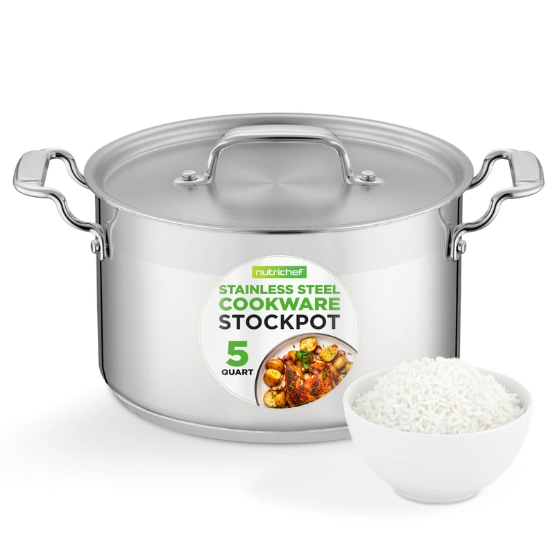 NutriChef 5-Quart Stainless Steel Stockpot - 18/8 Food Grade Heavy Duty Large Stock Pot for Stew, Simmering, Soup, Includes Lid, Dishwasher Safe, Works w/Gas, Induction, Ceramic & Halogen Cooktops