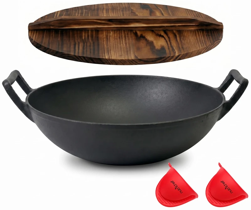 NutriChef Pre-Seasoned Cast Iron Wok Pan - 5.8 QT Heavy Duty Non-Stick Iron Chinese Wok or Stir Fry Skillet w/Wooden Lid, for Electric Stove Top, Induction, Gas, Home/Restaurant Cooking