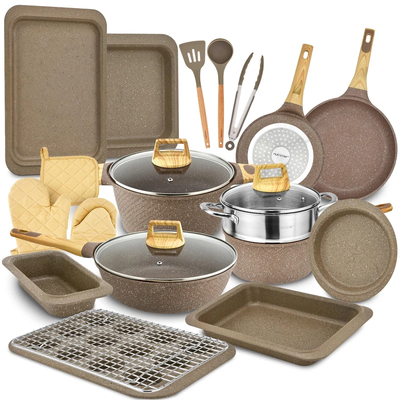 Nutrichef 22-Piece Black Marble Non-Stick Cookware and Bakeware Set - Professional Home Kitchen Collection with Multi-Sized Pots, Pans, and Heat-Resistant Tools