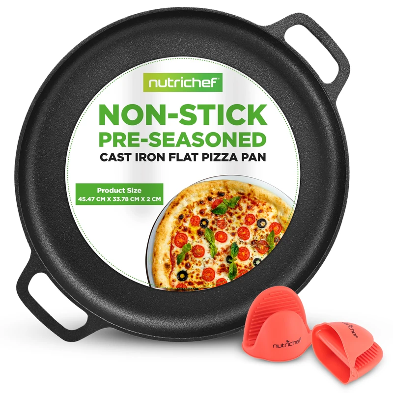 Nutrichef Cast Iron Pizza Pan Nonstick 13 Inch Pre-Seasoned with Silicone Handles, Pizza Baking Pan for Oven, Grill, Campfire, Gas, Electric & Induction