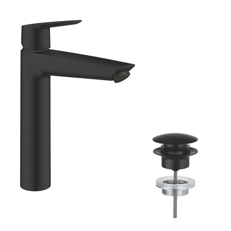 GROHE Start Tall Basin Tap for Free-Standing Basins with Push-Open Waste Set (XL-Size, 28mm Ceramic Cartridge, Energy & Water Saving, Tails 3/8 Inch, Easy to Fit with QuickTool), Matt Black, 241652433
