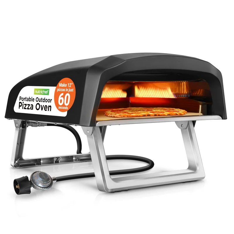 NutriChef Portable Outdoor Gas Pizza Oven - Foldable Feet, Adjustable Heat Control Dial, Includes Burner, Stone & Regulator w/Hose, Cooks 12" Pizza in 60 Seconds - Image 1