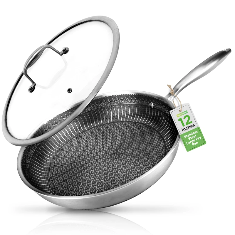 NutriChef 12" Stainless Steel Frying Pan - Triply Kitchenware Stir Fry Pan Kitchen Cookware w/Dakin Etching Non-Stick Coating, Scratch-Resistant Raised-up Honeycomb Fire Textured Pattern