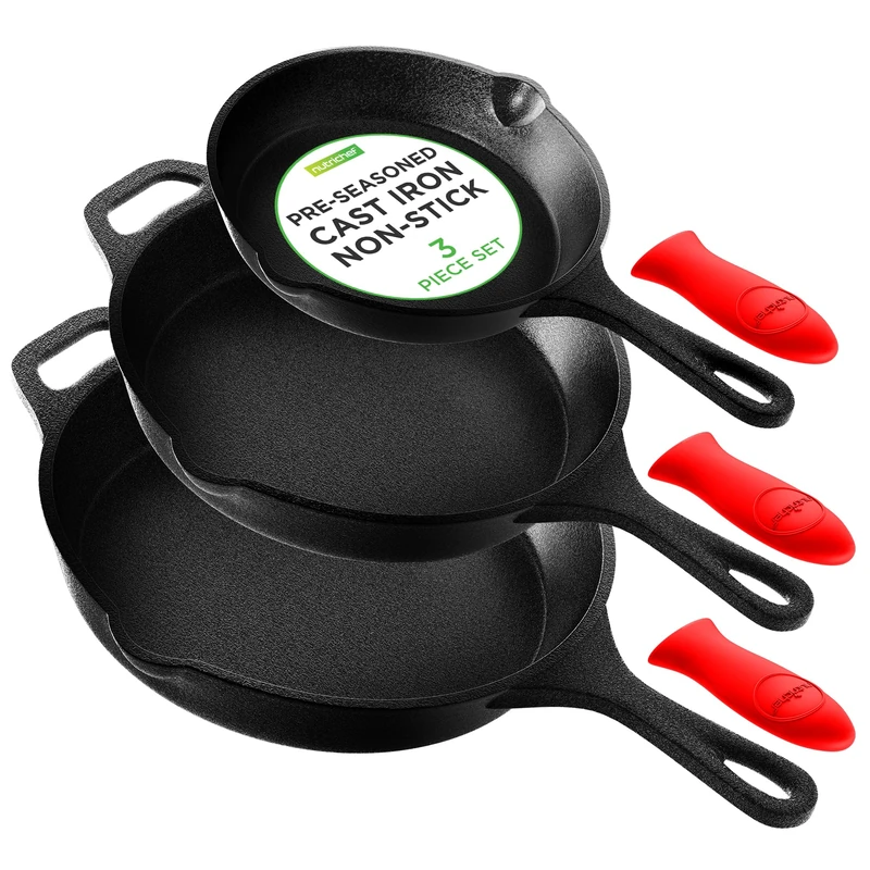 Pre-Seasoned Cast Iron Skillet Pans - 3 Pieces Kitchen Frying Pan Nonstick Cookware Set w/Drip Spout, Silicone Handle, for Electric Stovetop, Induction, Range, Glass Ceramic