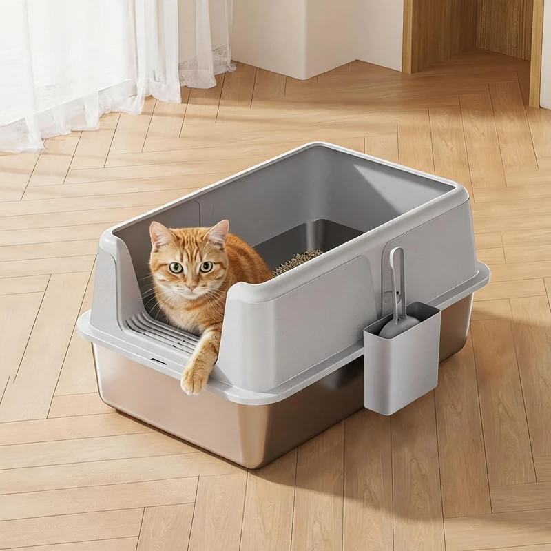 Garvee Stainless Steel Cat Litter Tray – Size and Non-Drip – Easy to Clean – Anti-Odour – High Sides Anti-Leak with Scoop and Lid – Ideal for Cats and Rabbits – Grey 60 x 40 x 35.5 cm - Image 1