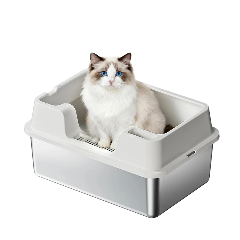 Garvee Stainless Steel Cat Litter Tray, 60 x 40 x 27 cm, Semi-Closed Large Litter Tray with High Edge, Anti-Splash, Easy to Clean and Odour Resistant, Ideal for Large and Medium Cats, White