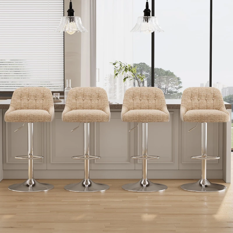 Adjustable Bar Stools Set of 4, Swivel Counter Stools with Backrest, Chenille & Faux Leather Upholstered Bar Chairs, Height Adjustable Kitchen Breakfast Bar Stools, Chrome Metal Base,Camel