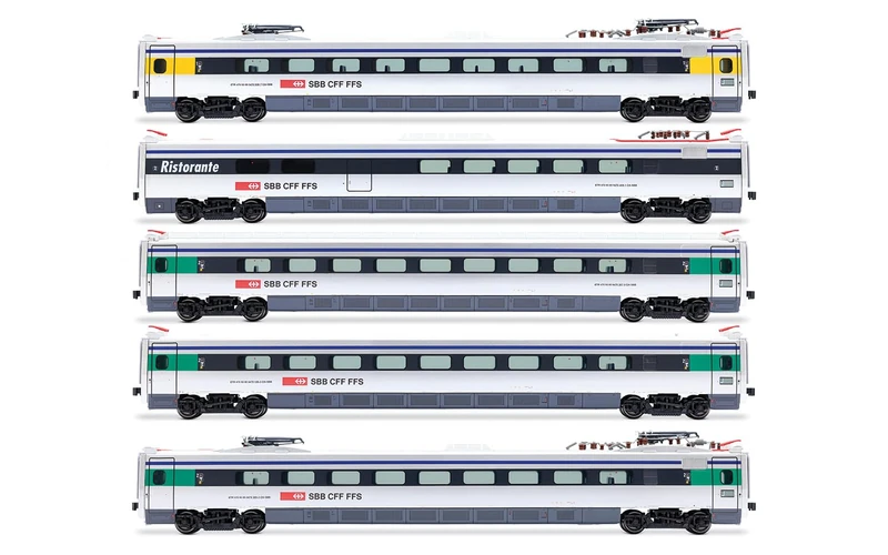 Rivarossi HR3026 SBB, ETR 470 silver livery with blue stripe, 5-unit pack additional intermediate coaches, ep. V Railway 5x Coaches
