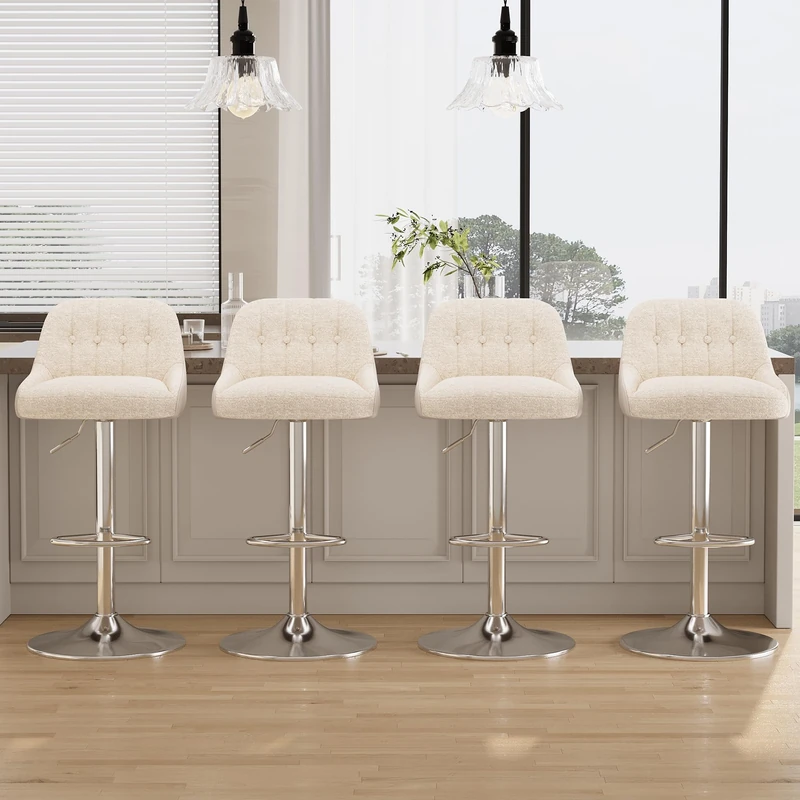 Adjustable Bar Stools Set of 4, Swivel Counter Stools with Backrest, Chenille & Faux Leather Upholstered Bar Chairs, Height Adjustable Kitchen Breakfast Bar Stools, Chrome Metal Base,Beige
