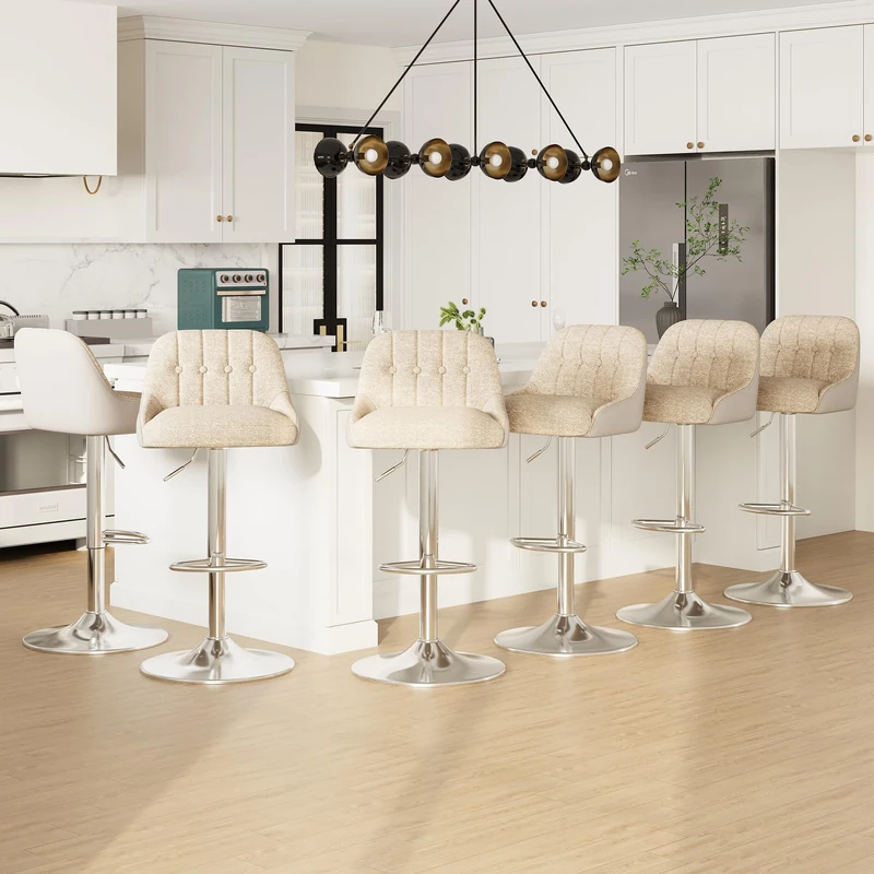 Adjustable Bar Stools Set of 6, Swivel Counter Stools with Backrest, Chenille & Faux Leather Upholstered Bar Chairs, Height Adjustable Kitchen Breakfast Bar Stools, Chrome Metal Base,Beige