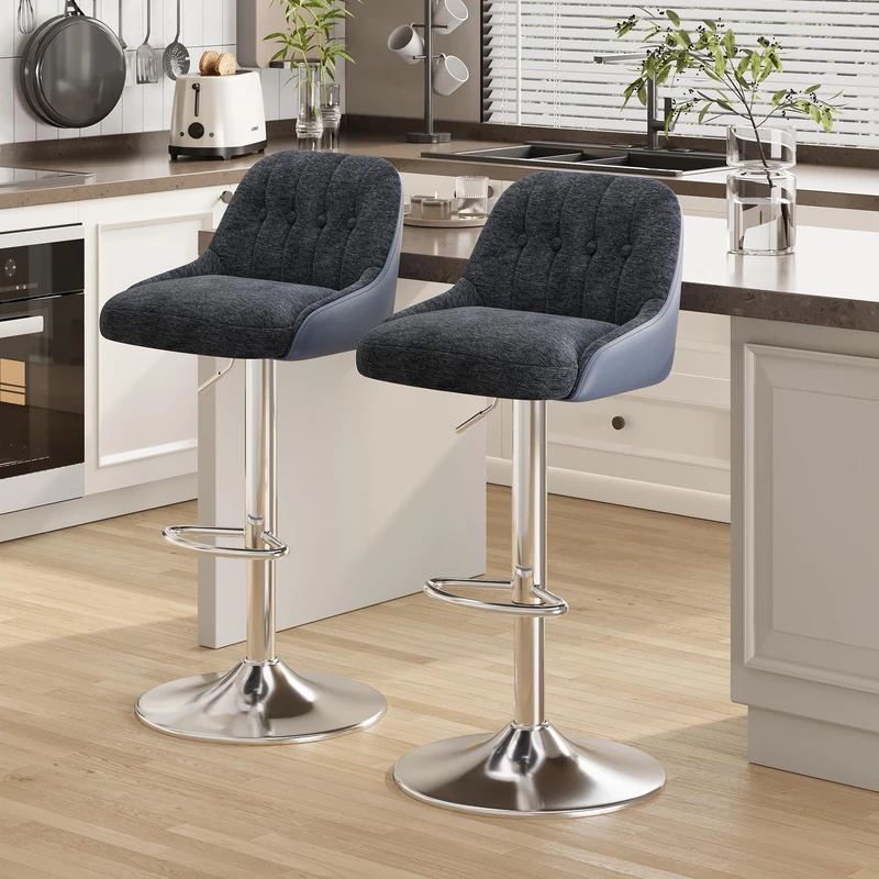 Adjustable Bar Stools Set of 2, Swivel Counter Stools with Backrest, Chenille & Faux Leather Upholstered Bar Chairs, Height Adjustable Kitchen Breakfast Bar Stools, Chrome Metal Base,Blue