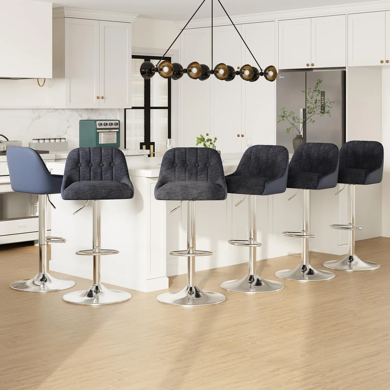 Adjustable Bar Stools Set of 6, Swivel Counter Stools with Backrest, Chenille & Faux Leather Upholstered Bar Chairs, Height Adjustable Kitchen Breakfast Bar Stools, Chrome Metal Base,Blue