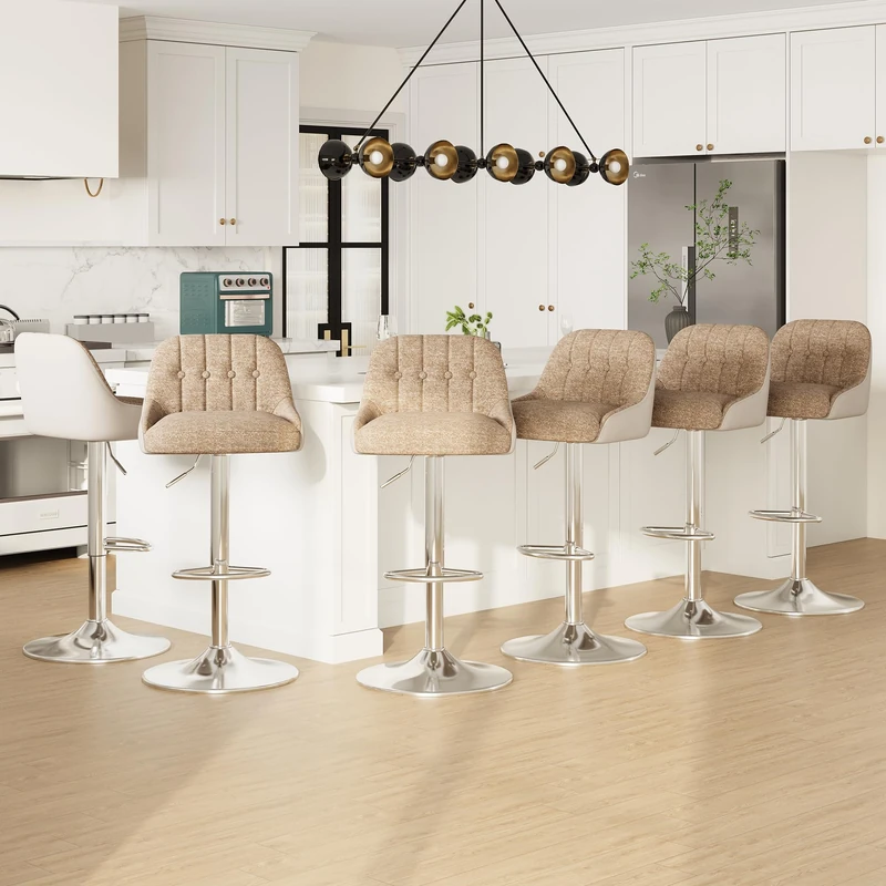 Adjustable Bar Stools Set of 6, Swivel Counter Stools with Backrest, Chenille & Faux Leather Upholstered Bar Chairs, Height Adjustable Kitchen Breakfast Bar Stools, Chrome Metal Base,Camel