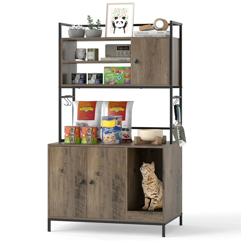 GYMAX Cat Litter Box Enclosure, Indoor Hidden Privacy Kitty Washroom with Storage Shelves, Hooks & Scratching Board, Wooden Cat House Pet Cabinet for Living Room Bedroom