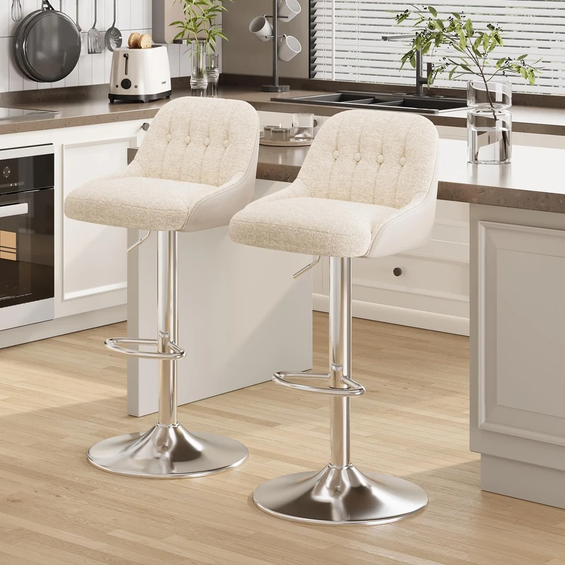 Adjustable Bar Stools Set of 2, Swivel Counter Stools with Backrest, Chenille & Faux Leather Upholstered Bar Chairs, Height Adjustable Kitchen Breakfast Bar Stools, Chrome Metal Base,Beige