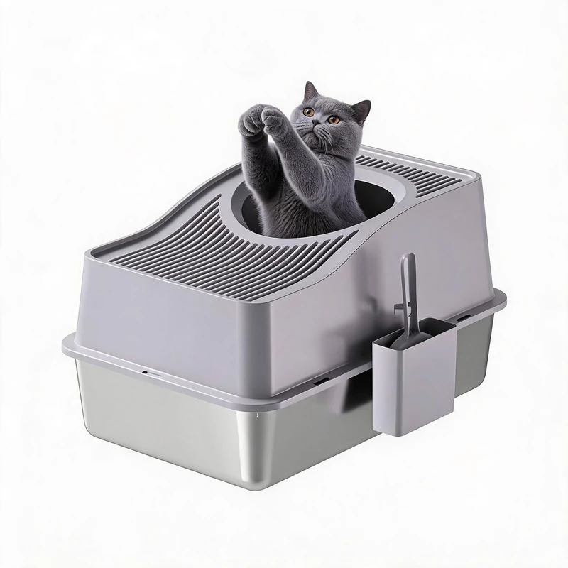 Garvee Closed Stainless Steel Cat Litter Tray, Large Cat Toilet with Lid and Footboard, Odour Proof and Easy to Clean, Includes Scoop and Mat, 60 x 40 x 39.5 cm, Grey