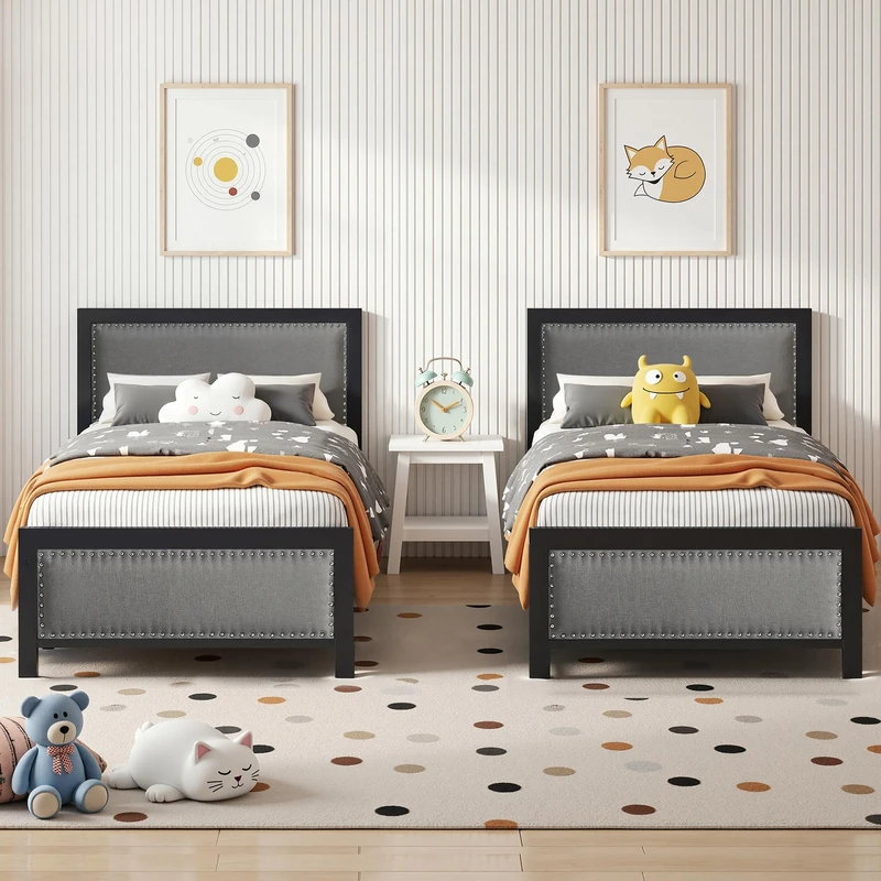 VECELO Single Size Bed Frame Set of 2 with Linen Fabric Headboard and Footboard, Heavy-Duty Platform with Strong Steel Slats, No Box Spring Needed, Easy Assembly, Grey - Image 1