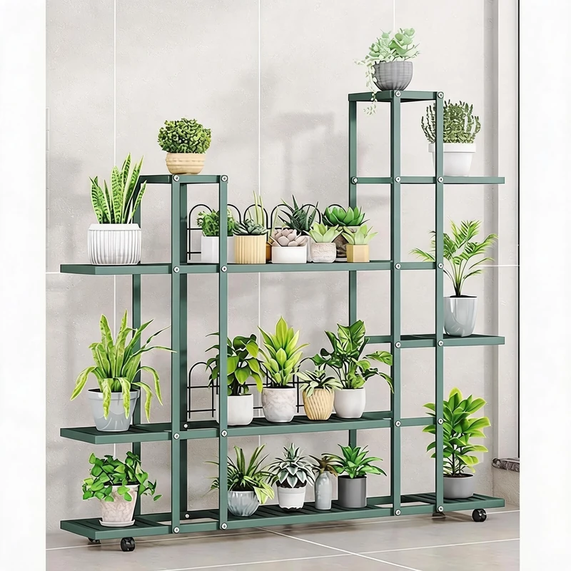 Garvee 7 Tier Indoor Outdoor Plant Rack Iron Plant Rack for 14 Pots, Foldable and Rotating Flower Stand, Space-Saving Plant Display for Living Room, Balcony and Garden - Image 1