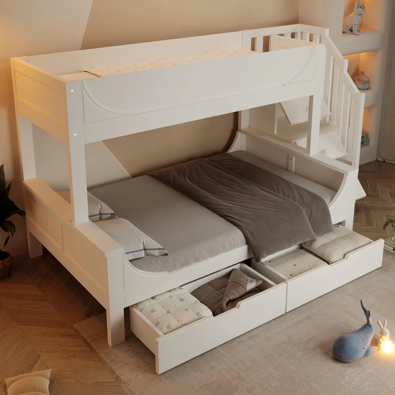 Ball & Cast Bunk Bed for Kids, Triple Sleeper Bed Frame with Storage Drawers & Storage Stair, Staircase Bunk for Family with Multiple Children, 90+135x190cm, White, (No Mattress)