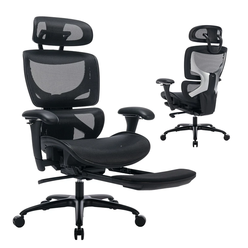 COLAMY Ergonomic Mesh Office Chair with Footrest, Executive High Back Computer Desk Chair with Wide Headrest and Adjustable 3D Arms, Backrest, Tilt Lock and Lumbar Support(Black)