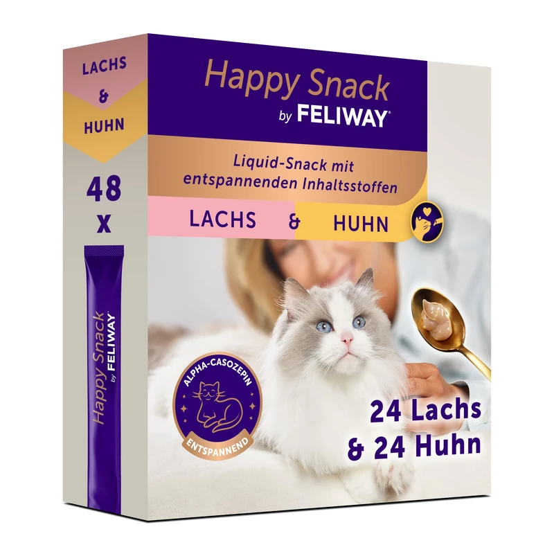 Happy Snack by FELIWAY - Delicious and Soothing Treats for Cats - Box of 48 Chicken and Salmon Flavour Sticks - Helps Cats Feel Calmer and Develops Affective Bonds